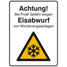 Hinweisschild SafetyMarking®, "Achtung! Bei Frost Gefahr wegen Eisabwurf von Windenergieanlagen"