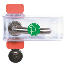 kit de capots de protection de poignée de porte d'issue de secours GfS Typ K, 1 capot, 2 sous-plaques vertes, 6 surplaques rouges, 2 équerres de fixation, 2 embouts, 1 pictogramme, 4 vis