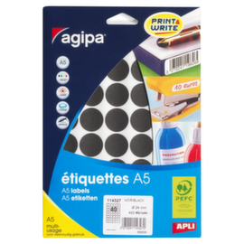 Pastille noire adhésif permanent en planche A5 30 mm diam