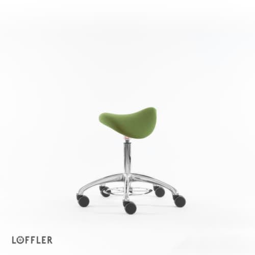 Löffler Sattelsitzhocker Sedlo mit Fußauslösung, Sitz grün, Rollen