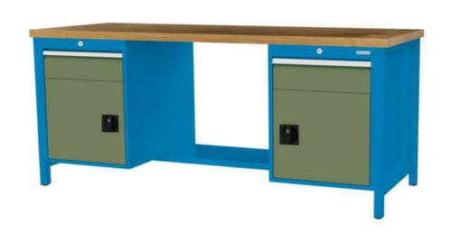 Bedrunka + Hirth Werkbank mit Buche-Massivholzplatte Gestell in vielen Farben, 2 Schubladen, 2 Schränke, 1/2 Ablageboden