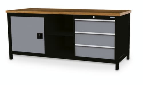 Bedrunka + Hirth Werkbank mit Buche-Massivholzplatte Gestell in vielen Farben, 3 Schubladen, 1 Schrank, 2 Ablageböden