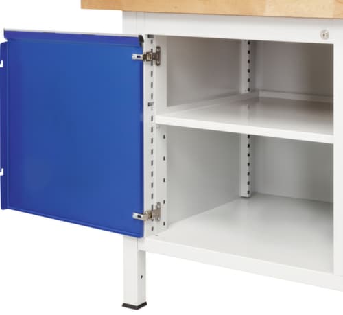 RAU Höhenverstellbare Werkbank Serie 8000, 2 Schubladen, 2 Schränke, RAL7035 Lichtgrau/RAL5010 Enzianblau