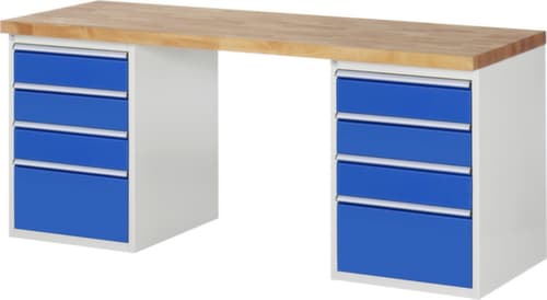 RAU Werkbank Serie 7000 mit Containergestell, 8 Schubladen, RAL7035 Lichtgrau/RAL5010 Enzianblau