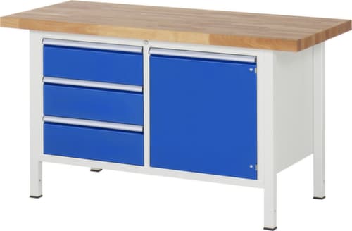 RAU Höhenverstellbare Werkbank Serie 8000, 3 Schubladen, 1 Schrank, RAL7035 Lichtgrau/RAL5010 Enzianblau