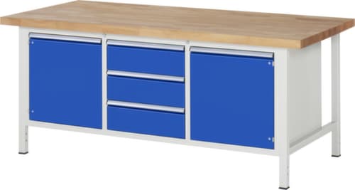 RAU Höhenverstellbare Werkbank Serie 8000, 3 Schubladen, 2 Schränke, RAL7035 Lichtgrau/RAL5010 Enzianblau