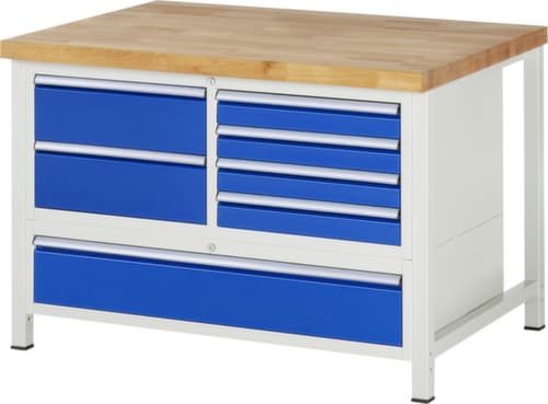 RAU Höhenverstellbare Werkbank Serie 8000, 7 Schubladen, RAL7035 Lichtgrau/RAL5010 Enzianblau