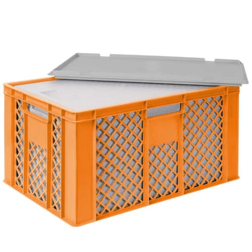 Euronorm-Stapelbehälter mit Isolierbox, orange, Inhalt 63 l, Auflagedeckel für Isolierbox