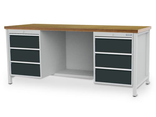 Bedrunka + Hirth Werkbank mit Buche-Multiplexplatte, 6 Schubladen, 1/2 Ablageboden, RAL7035 Lichtgrau/RAL7016 Anthrazitgrau