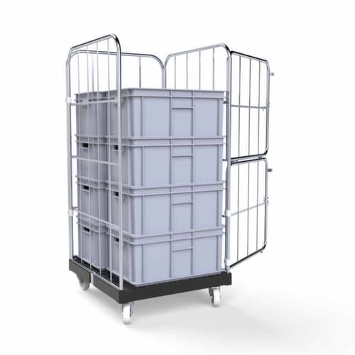 Rollbehälter BASICline mit 3 Wänden und Tür, Traglast 500 kg, Länge x Breite 845 x 724 mm