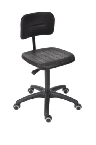 Siège d'atelier avec dossier à hauteur réglable, assise mousse PU avec renfort en acier noir, avec roulettes
