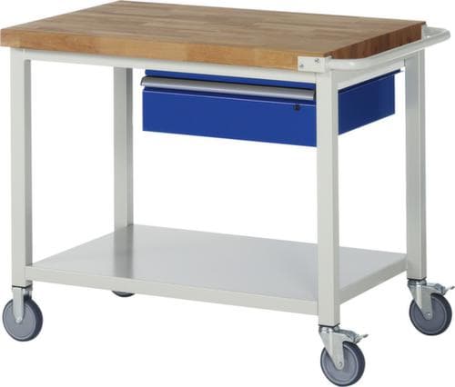 RAU Établi mobile Serie 8000, 1 tiroir, 1 tablette, 1 barre de poussée, RAL7035 gris clair/RAL5010 bleu gentiane