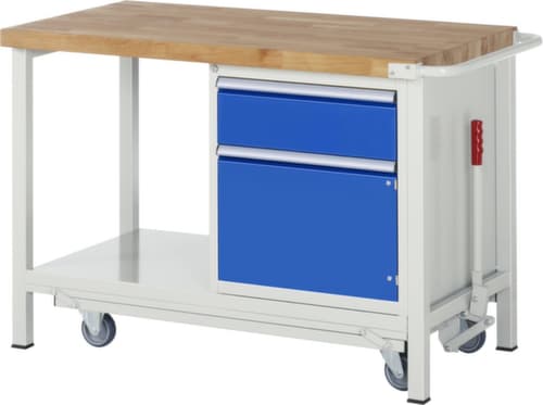 RAU établi Serie 8000 de type rabattable, 1 tiroir, 1 armoire, 1 tablette, 1 barre de poussée, RAL7035 gris clair/RAL5010 bleu gentiane