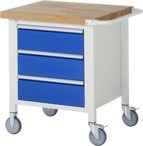 RAU Établi mobile Serie 8000, 3 tiroirs, 1 barre de poussée, RAL7035 gris clair/RAL5010 bleu gentiane