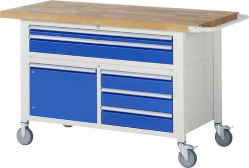 RAU Établi mobile Serie 8000, 5 tiroirs, 1 armoire, 1 barre de poussée, RAL7035 gris clair/RAL5010 bleu gentiane