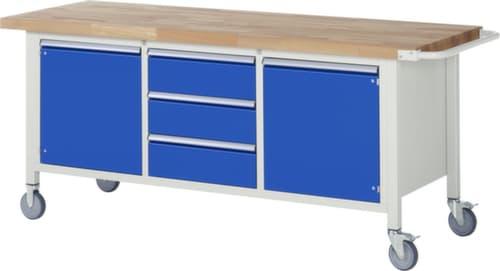 RAU Établi mobile Serie 8000, 3 tiroirs, 2 armoires, 1 barre de poussée, RAL7035 gris clair/RAL5010 bleu gentiane