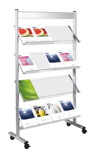 Présentoir mobile, 4 tablettes, structure aluminium-argenté