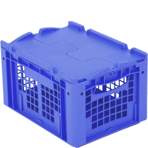 Bac gerbable norme Europe parois + fond ajourés, bleu, capacité 20 l, Couvercle à charnière en 2 parties