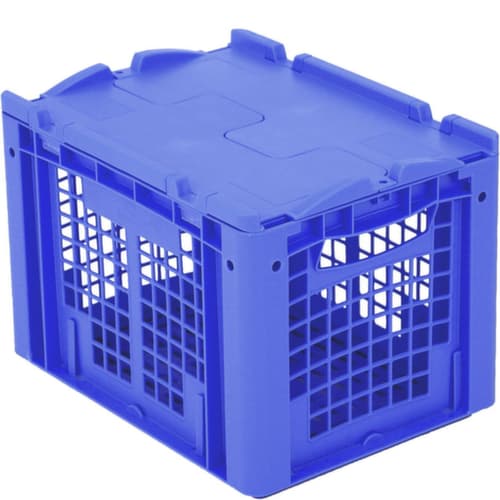 Bac gerbable norme Europe parois + fond ajourés, bleu, capacité 25 l, Couvercle à charnière en 2 parties