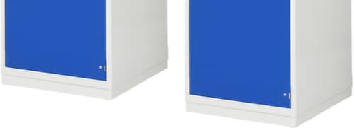 RAU établi Serie 7000 avec piètement en blocs à tiroirs, 5 tiroirs, 1 armoire, 1 étau, RAL7035 gris clair/RAL5010 bleu gentiane