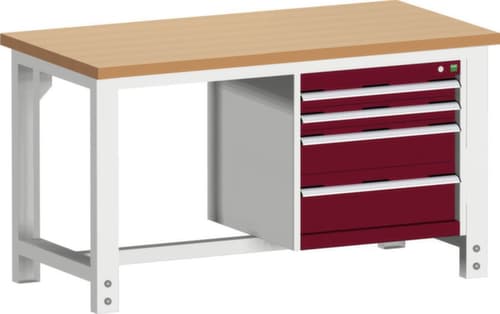bott Etabli cubio fixe ou réglable en hauteur, 4 tiroirs, RAL7035 gris clair/RAL3004 rouge pourpre