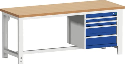 bott Etabli cubio fixe ou réglable en hauteur, 4 tiroirs, RAL7035 gris clair/RAL5010 bleu gentiane