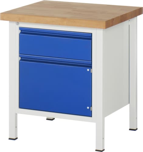 RAU Établi à hauteur réglable Serie 8000 avec plateau en hêtre, 1 tiroir, 1 armoire, RAL7035 gris clair/RAL5010 bleu gentiane