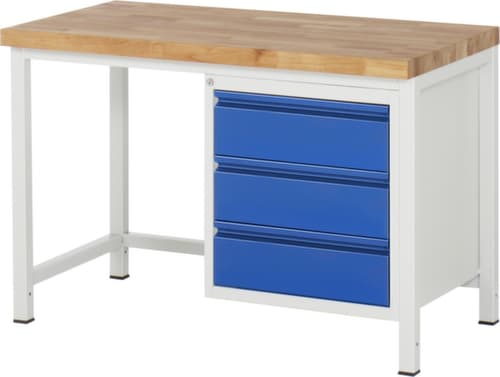 RAU Établi à hauteur réglable Serie 8000 avec plateau en hêtre, 3 tiroirs, RAL7035 gris clair/RAL5010 bleu gentiane