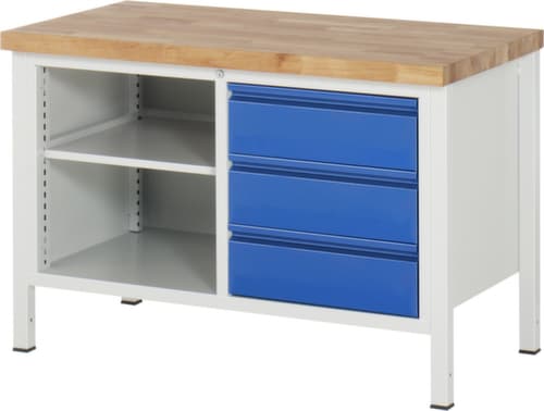 RAU Établi à hauteur réglable Serie 8000 avec plateau en hêtre, 3 tiroirs, 1 tablette, RAL7035 gris clair/RAL5010 bleu gentiane