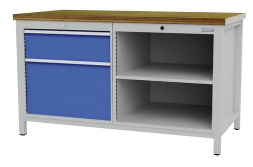 Bedrunka + Hirth Etabli avec plateau en hêtre massif Piétement en plusieurs couleurs, 1 tiroir, 1 armoire, 2 tablettes