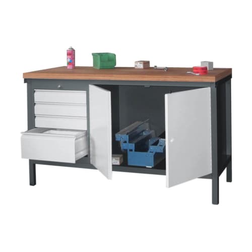 PAVOY Établi avec différents soubassements, 2 blocs tiroirs, 1 tablette