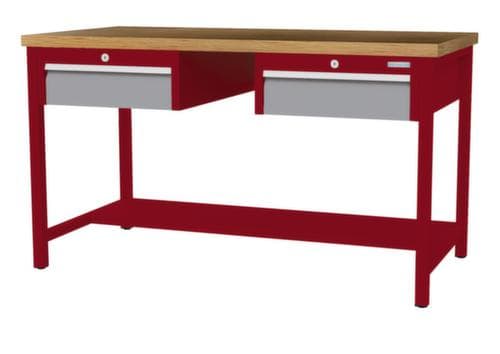 Bedrunka + Hirth Etabli avec plateau en hêtre massif Piétement en plusieurs couleurs, 2 tiroirs, 1/2 tablette