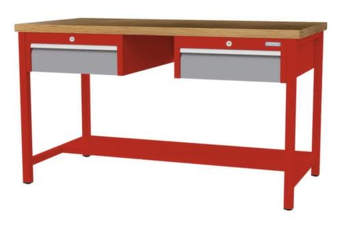Bedrunka + Hirth Etabli avec plateau en hêtre massif Piétement en plusieurs couleurs, 2 tiroirs, 1/2 tablette