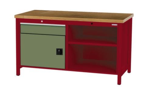 Bedrunka + Hirth Etabli avec plateau en hêtre massif Piétement en plusieurs couleurs, 1 tiroir, 1 armoire, 2 tablettes