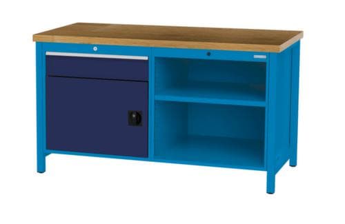 Bedrunka + Hirth Etabli avec plateau en hêtre massif Piétement en plusieurs couleurs, 1 tiroir, 1 armoire, 2 tablettes
