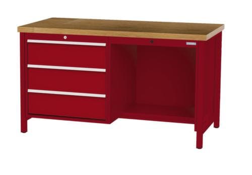 Bedrunka + Hirth Etabli avec plateau en hêtre massif Piétement en plusieurs couleurs, 3 tiroirs, 1/2 tablette
