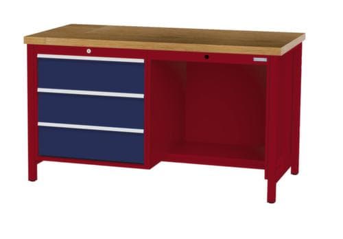 Bedrunka + Hirth Etabli avec plateau en hêtre massif Piétement en plusieurs couleurs, 3 tiroirs, 1/2 tablette