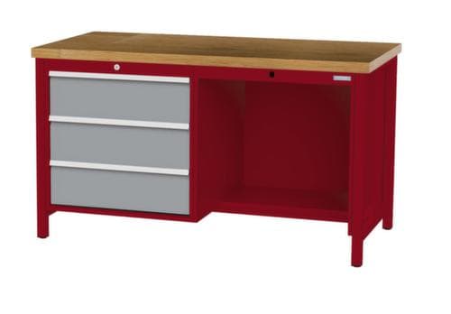 Bedrunka + Hirth Etabli avec plateau en hêtre massif Piétement en plusieurs couleurs, 3 tiroirs, 1/2 tablette