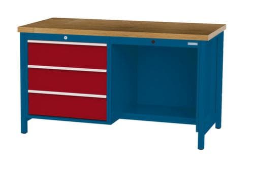 Bedrunka + Hirth Etabli avec plateau en hêtre massif Piétement en plusieurs couleurs, 3 tiroirs, 1/2 tablette