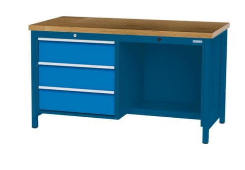 Bedrunka + Hirth Etabli avec plateau en hêtre massif Piétement en plusieurs couleurs, 3 tiroirs, 1/2 tablette