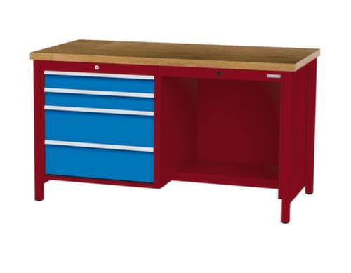 Bedrunka + Hirth Etabli avec plateau en hêtre massif Piétement en plusieurs couleurs, 4 tiroirs, 1/2 tablette