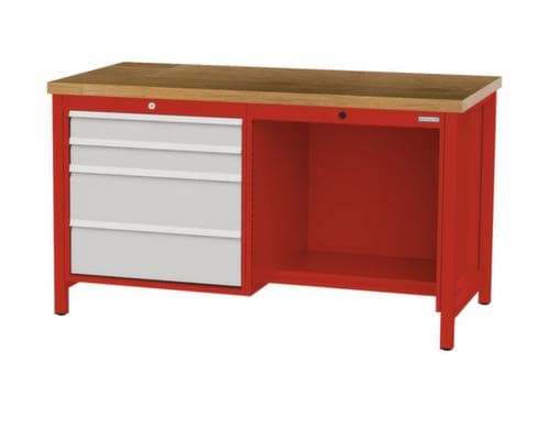 Bedrunka + Hirth Etabli avec plateau en hêtre massif Piétement en plusieurs couleurs, 4 tiroirs, 1/2 tablette