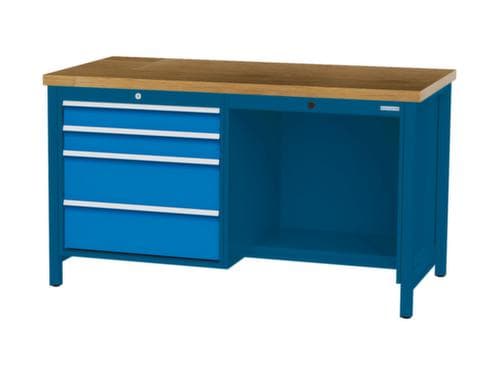 Bedrunka + Hirth Etabli avec plateau en hêtre massif Piétement en plusieurs couleurs, 4 tiroirs, 1/2 tablette