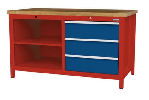 Bedrunka + Hirth Etabli avec plateau en hêtre massif Piétement en plusieurs couleurs, 3 tiroirs, 2 tablettes