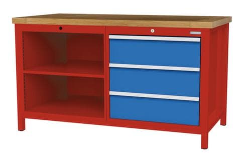 Bedrunka + Hirth Etabli avec plateau en hêtre massif Piétement en plusieurs couleurs, 3 tiroirs, 2 tablettes