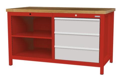 Bedrunka + Hirth Etabli avec plateau en hêtre massif Piétement en plusieurs couleurs, 3 tiroirs, 2 tablettes