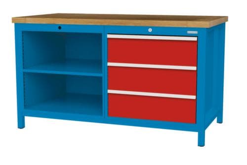 Bedrunka + Hirth Etabli avec plateau en hêtre massif Piétement en plusieurs couleurs, 3 tiroirs, 2 tablettes