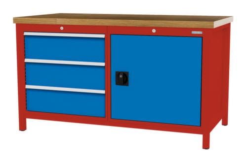 Bedrunka + Hirth Etabli avec plateau en hêtre massif Piétement en plusieurs couleurs, 3 tiroirs, 1 armoire