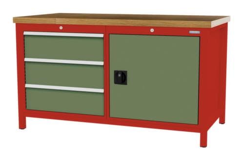 Bedrunka + Hirth Etabli avec plateau en hêtre massif Piétement en plusieurs couleurs, 3 tiroirs, 1 armoire