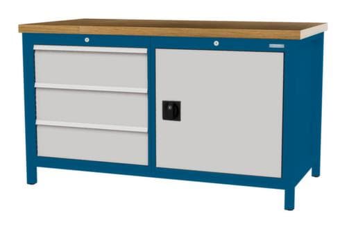 Bedrunka + Hirth Etabli avec plateau en hêtre massif Piétement en plusieurs couleurs, 3 tiroirs, 1 armoire